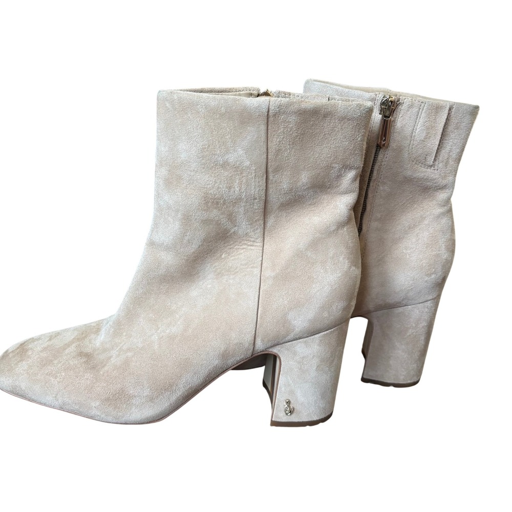 Sam Edelman Fawn Square Toe High Heel Booties Sz 11 Warm Oat Suede Chic